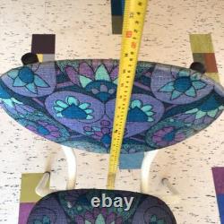 Vintage Retro 60s Kitchen Dining Chair Barkcloth Floral Kitsch Fabric Seat Blue