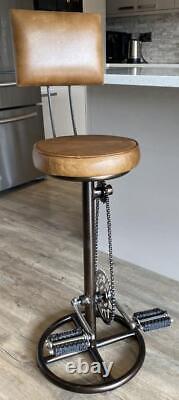 Vintage Retro Bar Stool with Backrest Bicycle Pedal Real Leather Kitchen Bar Pub