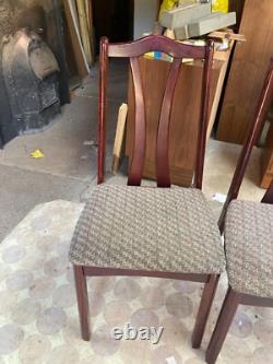 Vintage Retro Brown Wooden High Back Kitchen Dining Chairs x 4 with Fabric Seats