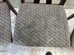 Vintage Retro Brown Wooden High Back Kitchen Dining Chairs x 4 with Fabric Seats