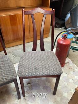 Vintage Retro Brown Wooden High Back Kitchen Dining Chairs x 4 with Fabric Seats