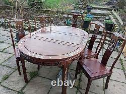 Vintage Retro Chinese Rosewood and Mother-of-Pearl Dining Table With 5 Chairs