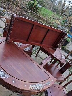 Vintage Retro Chinese Rosewood and Mother-of-Pearl Dining Table With 5 Chairs