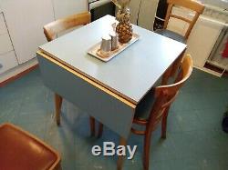 Vintage / Retro Formica Drop Leaf Kitchen / Dining Table, Blue, 4 Chairs 1950s