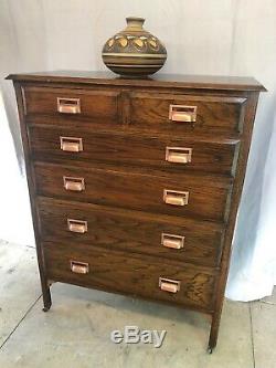 Vintage Retro Industrial 1930s Solid Oak Chest Of 6 Drawers Coppered Handles