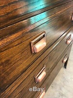 Vintage Retro Industrial 1930s Solid Oak Chest Of 6 Drawers Coppered Handles
