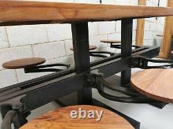 Vintage Retro Industrial Cast Iron & Oak Large Dining Table With Swing Out Seats