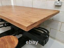 Vintage Retro Industrial Cast Iron & Oak Large Dining Table With Swing Out Seats