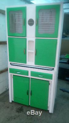 Vintage Retro Kitchen Larder Cupboard with Enamel Worktop Decorative Glass Doors