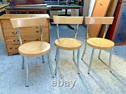 Vintage Retro Style Kitchen Dining Chairs x 3 Round Wooden Seats & Chrome Legs