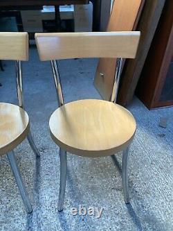 Vintage Retro Style Kitchen Dining Chairs x 3 Round Wooden Seats & Chrome Legs
