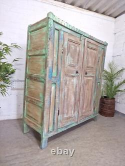Vintage Rustic Indian Green Wooden Shop Display Bathroom Kitchen Drinks Cabinet