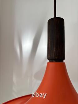 Vintage Scandinavian design rusty orange metal pendant with teak final 1960's