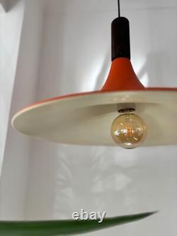 Vintage Scandinavian design rusty orange metal pendant with teak final 1960's