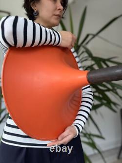 Vintage Scandinavian design rusty orange metal pendant with teak final 1960's