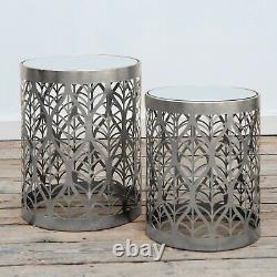 Vintage Silver Leaf Side Table Nest Pattern Metal Mirrored Lamp Tables Nesting
