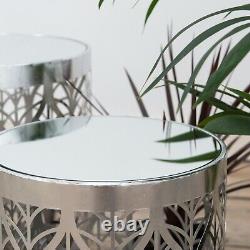 Vintage Silver Leaf Side Table Nest Pattern Metal Mirrored Lamp Tables Nesting