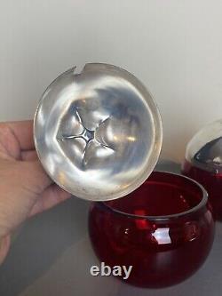 Vintage Silverplate On Brass Ruby Red Glass Apple Sugar Jelly Jam Jar Bowl Pot 2