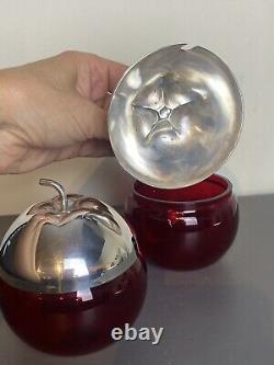 Vintage Silverplate On Brass Ruby Red Glass Apple Sugar Jelly Jam Jar Bowl Pot 2