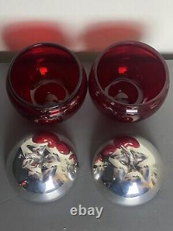 Vintage Silverplate On Brass Ruby Red Glass Apple Sugar Jelly Jam Jar Bowl Pot 2