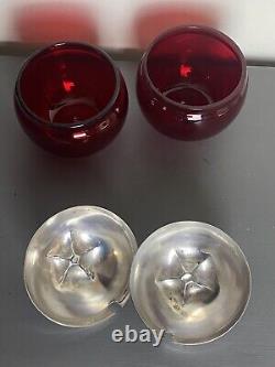 Vintage Silverplate On Brass Ruby Red Glass Apple Sugar Jelly Jam Jar Bowl Pot 2