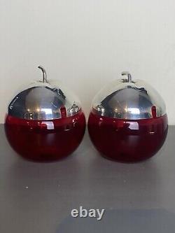 Vintage Silverplate On Brass Ruby Red Glass Apple Sugar Jelly Jam Jar Bowl Pot 2