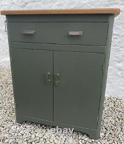 Vintage Small Cabinet Slate Green with Wooden Top Chrome Handles Office