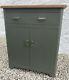 Vintage Small Cabinet Slate Green With Wooden Top Chrome Handles Office