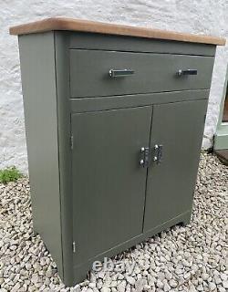Vintage Small Cabinet Slate Green with Wooden Top Chrome Handles Office