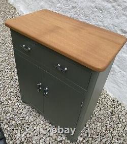 Vintage Small Cabinet Slate Green with Wooden Top Chrome Handles Office