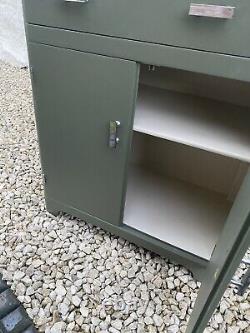 Vintage Small Cabinet Slate Green with Wooden Top Chrome Handles Office