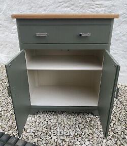 Vintage Small Cabinet Slate Green with Wooden Top Chrome Handles Office