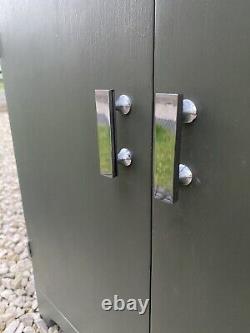 Vintage Small Cabinet Slate Green with Wooden Top Chrome Handles Office