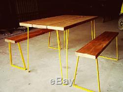 Vintage Small Table and Benches With Hairpin Legs And Reclaimed Timber. Retro