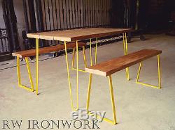 Vintage Small Table and Benches With Hairpin Legs And Reclaimed Timber. Retro
