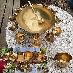 Vintage Solid BRASS PARTY PUNCH BOWL with 12 cups + Ladle BBQ Decor WEDDING 21