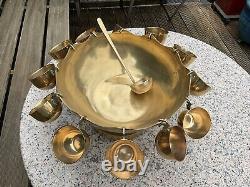 Vintage Solid BRASS PARTY PUNCH BOWL with 12 cups + Ladle BBQ Decor WEDDING 21