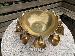 Vintage Solid BRASS PARTY PUNCH BOWL with 12 cups + Ladle BBQ Decor WEDDING 21