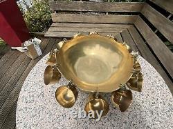 Vintage Solid BRASS PARTY PUNCH BOWL with 12 cups + Ladle BBQ Decor WEDDING 21
