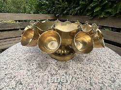 Vintage Solid BRASS PARTY PUNCH BOWL with 12 cups + Ladle BBQ Decor WEDDING 21