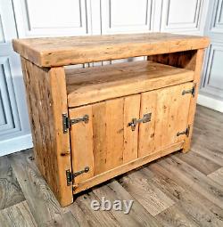 Vintage Solid Reclaimed Rustic Pine TV Unit Stand Cabinet With Shelf Cupboard