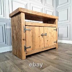 Vintage Solid Reclaimed Rustic Pine TV Unit Stand Cabinet With Shelf Cupboard