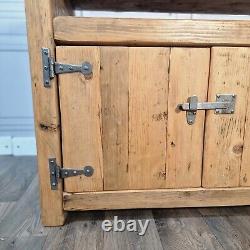 Vintage Solid Reclaimed Rustic Pine TV Unit Stand Cabinet With Shelf Cupboard