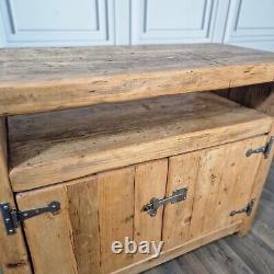 Vintage Solid Reclaimed Rustic Pine TV Unit Stand Cabinet With Shelf Cupboard