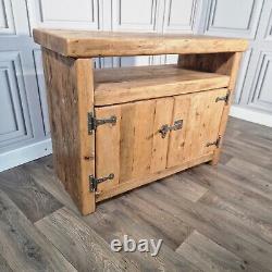 Vintage Solid Reclaimed Rustic Pine TV Unit Stand Cabinet With Shelf Cupboard