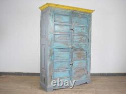Vintage Solid Wood Blue and Yellow Painted Kitchen Housekeepers Cupboard Cabinet
