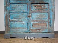 Vintage Solid Wood Blue and Yellow Painted Kitchen Housekeepers Cupboard Cabinet