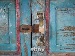 Vintage Solid Wood Blue and Yellow Painted Kitchen Housekeepers Cupboard Cabinet