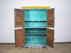 Vintage Solid Wood Blue and Yellow Painted Kitchen Housekeepers Cupboard Cabinet