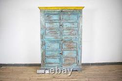 Vintage Solid Wood Blue and Yellow Painted Kitchen Housekeepers Cupboard Cabinet